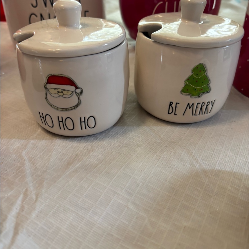 Rae Dunn White Holiday Sugar Jars with Santa and Tree
